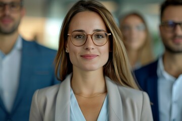Fototapeta premium A woman wearing glasses and a suit stands in front of a group of people, business team concept