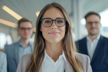 A woman wearing glasses and a suit is smiling for the camera, business team concept