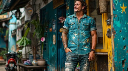 A stylish man in a denim shirt and ripped jeans stands casually in a vibrant, colorful street with a motorcycle and eclectic background elements