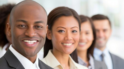 Fototapeta premium A group of people are smiling and posing for a photo, business team concept