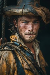Obraz premium Portrait of a rugged and determined adventurer with piercing blue eyes and weathered appearance, donning a worn-out hat and sturdy outdoor clothing, standing against a dark background