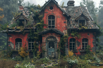 Fototapeta premium A ruined home with broken windows and overgrown weeds, illustrating neglect. Concept of decay and abandonment. Generative Ai.