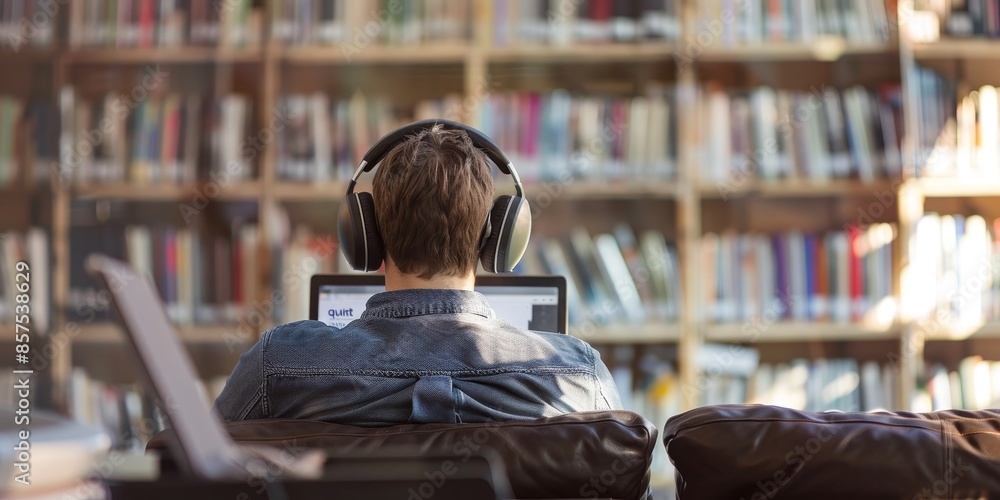 Wall mural A student wearing headphones is studying in the library.