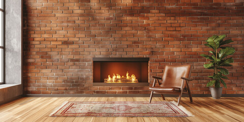 Cozy brick fireplace with burning fire in modern living room, home comfort concept