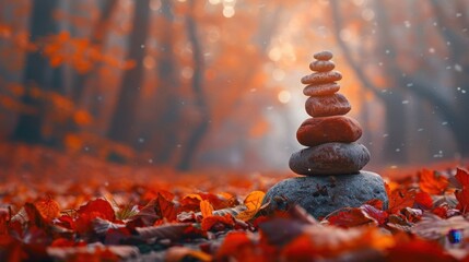 Obraz premium Fall background image. Closeup of cairn of stacked stones in a relaxing calm meditative scenic autumn setting with trees and red leaves in seasonal colors. Extra space for text copy.