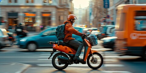 Food delivery man riding scooter in the city