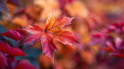 Fall background image. Closeup of colorful red and gold leaves in an inviting scenic autumn setting with trees in seasonal colors. Extra space for text copy.