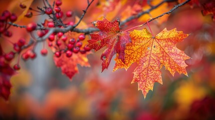 Fall background image. Closeup of colorful red and gold leaves and berries in an inviting scenic autumn setting with trees in seasonal colors. Extra space for text copy.