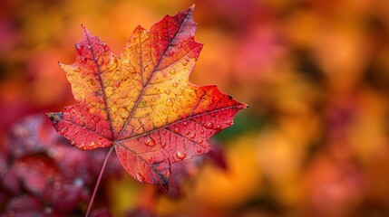 Obraz premium Fall background image. Closeup of colorful red and gold leaves in an inviting scenic autumn setting with trees in seasonal colors. Extra space for text copy.