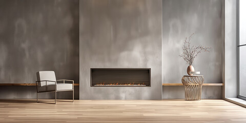 Modern Minimalist Living Room with Fireplace and Chair, watercolor illustration concept