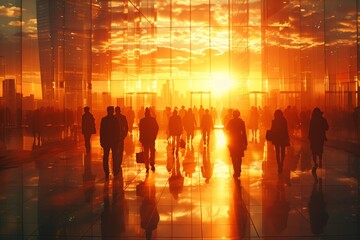 Urban Rush Hour: Modern City Dwellers in Glass Corridor at Sunset