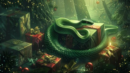 Fototapeta premium Enchanting Christmas Snake in a Festive Forest Setting - Generative AI