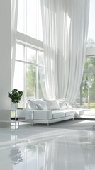 Fototapeta premium Modern white living room with large windows and potted plant, minimalist interior design concept