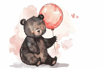 Fototapeta premium Cute watercolor bear holding a red balloon, children illustration concept