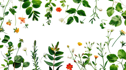 Green leaves and flowers on a transparent background