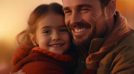 A father and daughter in a loving embrace, both facing the camera with wide smiles, with space for text on the side. 