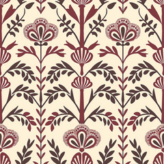 Design an elegant pattern with symmetrical waves and floral motifs in the style of traditional Indian color scheme of maroon