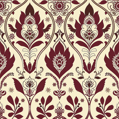 Design an elegant pattern with symmetrical waves and floral motifs in the style of traditional Indian color scheme of maroon