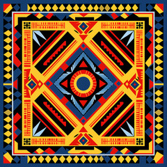 print design in the style of ethnic carpet patterns, Aztec art and African textile designs. Red blue yellow orange