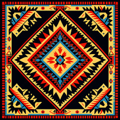 print design in the style of ethnic carpet patterns, Aztec art and African textile designs. Red blue yellow orange