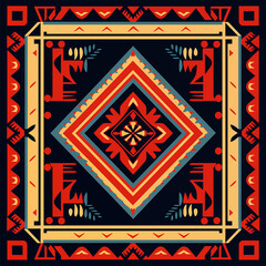 print design in the style of ethnic carpet patterns, Aztec art and African textile designs. Red blue yellow orange