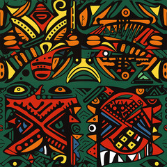 A vibrant, colorful tribal pattern with geometric shapes and intricate patterns in the style of African art. The design includes bold colors like reds, blues, yellows and greens