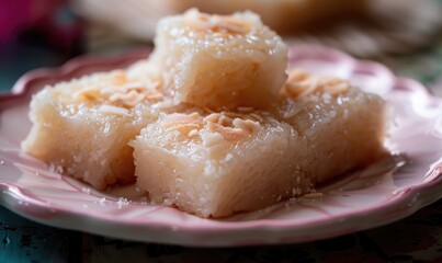 Filipino biko (sweet sticky rice cake) on a pastel pink plate