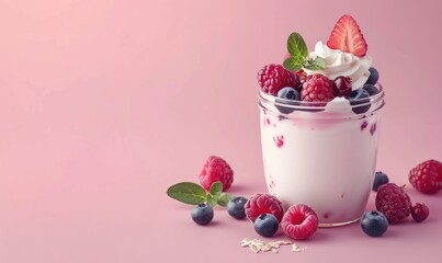Greek yogurt and berry parfait in a glass jar on a light pink background