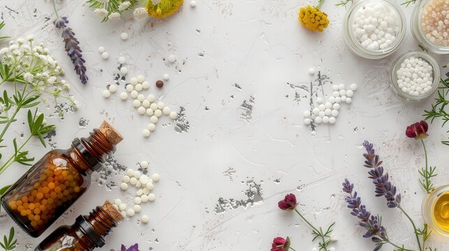 Assorted Homeopathic Globules and Herbal Extracts in Bottles | Natural Healing Concept