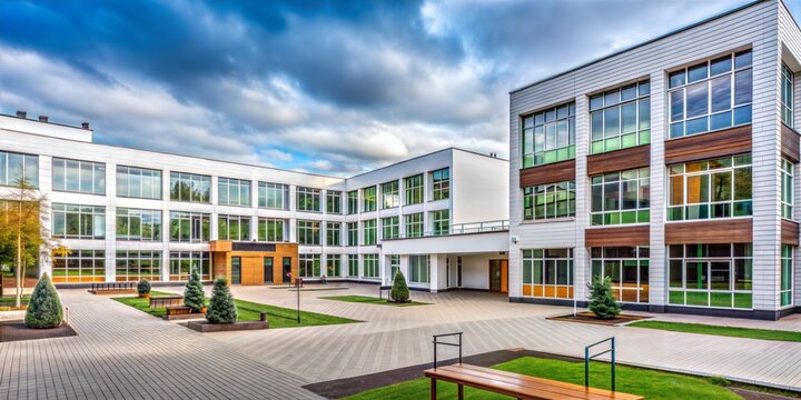the building of a modern school and courtyard in Russia, white sky