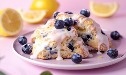 Lemon and blueberry scones with glaze on a pastel pink plate