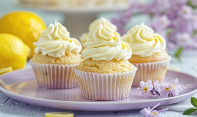 Lemon and coffee cupcakes with frosting on a pastel purple plate