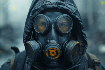 A person wearing a gas mask in a toxic environment, emphasizing survival skills. Concept of pollution and protection. Generative Ai.