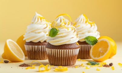 Lemon and espresso cupcakes with lemon zest on a light yellow background