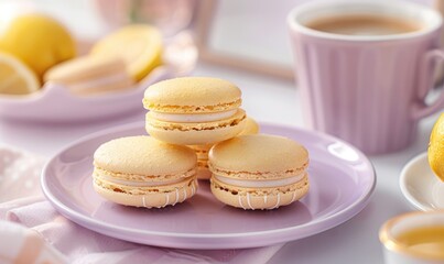 Fototapeta premium Lemon macarons with a cappuccino on a pastel purple plate