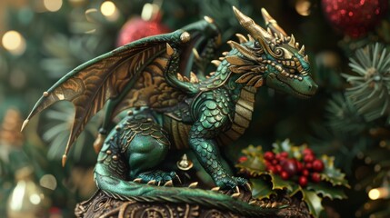 Fototapeta premium Majestic Green Dragon Christmas Decoration, Generative AI