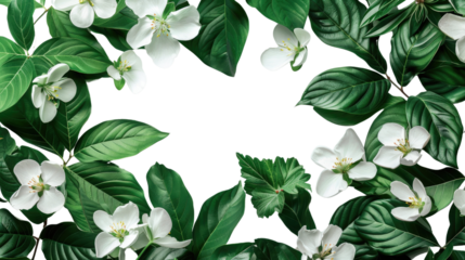 Green leaves and flowers on a transparent background