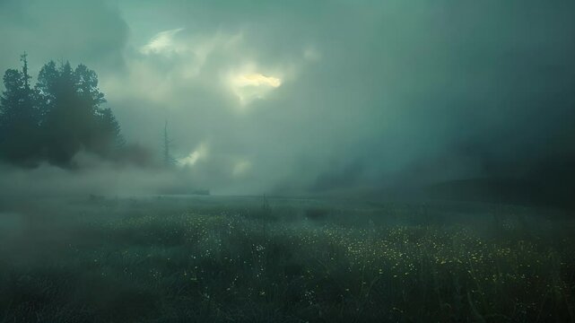 As the fog rolled in the meadow transformed into a dreamlike realm with spectral lights appearing like ghostly apparitions a haunting reminder of the spirits that roamed the land.