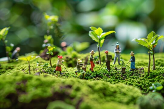 Group of miniature figures planting and watering saplings on vibrant moss illustrating reforestation efforts