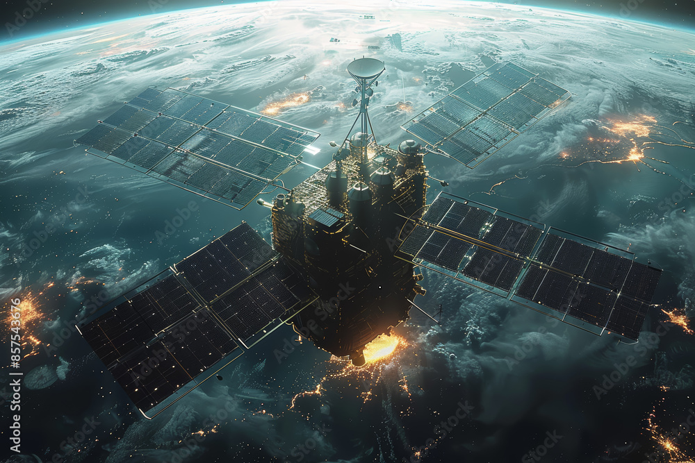 Poster a satellite orbiting a distant planet, symbolizing communication. concept of technology and connecti
