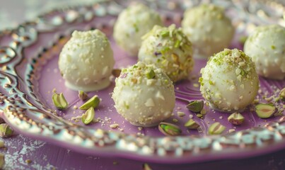 Pistachio and white chocolate truffles on a pastel purple plate