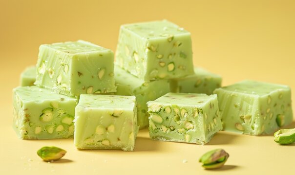 Pistachio and white chocolate fudge on a light yellow background