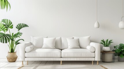 Modern living room with white sofa and indoor plants, minimalist interior design. Cozy and relaxing atmosphere concept