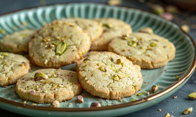 Pistachio shortbread cookies on a pastel green plate