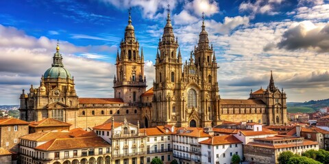 Fototapeta premium Iconic cathedral in Santiago de Compostela, region of Galicia, Spain , Cathedral, landmark, architecture, historical, religious, pilgrimage, tourism, history, spirituality, Gothic, majestic