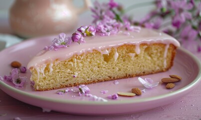 Rose and almond cake with rose glaze on a pastel pink plate
