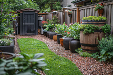 A home composting setup in a backyard, illustrating natural recycling. Concept of waste management and soil health. Generative Ai.