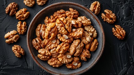 Obraz premium A wooden bowl containing an abundance of shelled walnuts, showcasing their rich texture and wholesome appearance, placed on a dark, textured background.