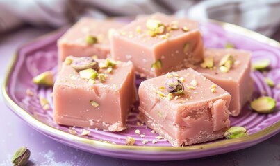 Rose-flavored fudge with pistachios on a pastel purple plate