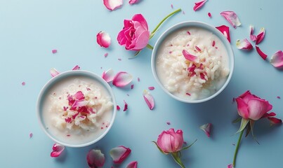 Rosewater rice pudding on a light blue background